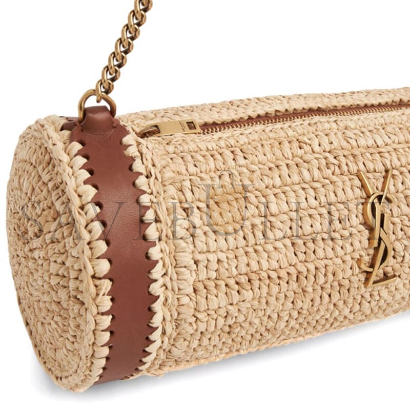 YSL CASSANDRE SMALL CYLINDRIC BAG IN RAFFIA AND VEGETABLE-TANNED LEATHER 744504GAABN2080 (24.5*11*11cm)